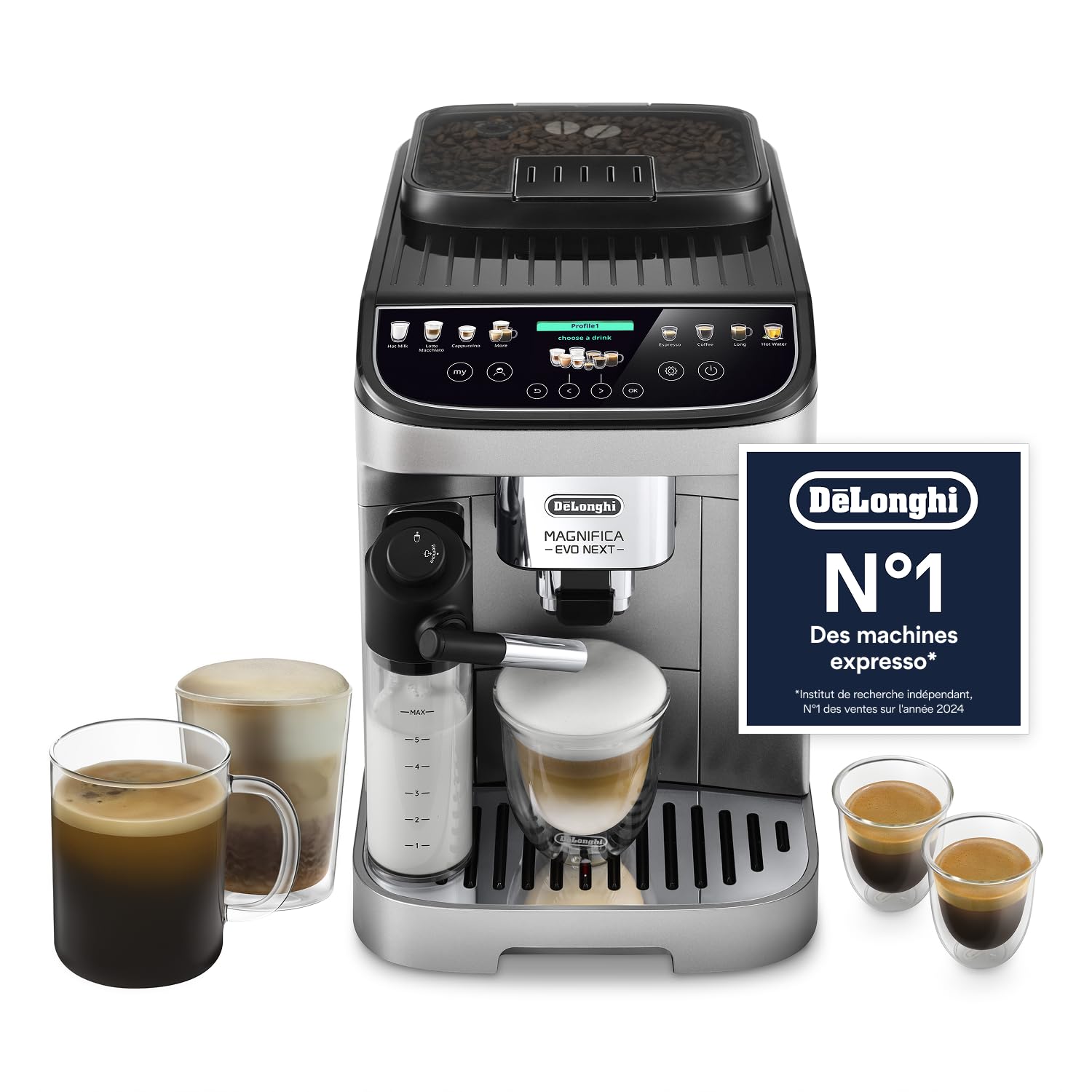 Kaffeko Magnifica Evo Next - Perfetti automatischi Kaffimaschine mit LatteCrema Milchschüumer, Silber und Schwarz